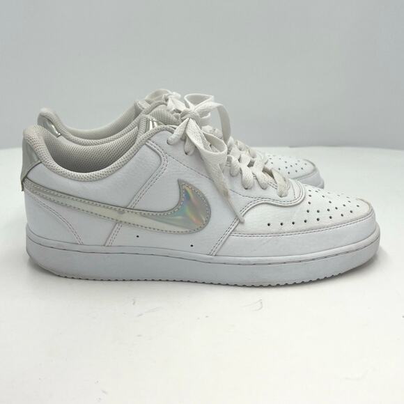 Nike Womens Court Vision Low White Iridescent Shiny Swoosh Sneakers Size 9.5 - Picture 1 of 9